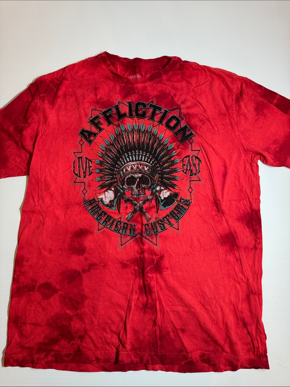 Affliction Red Short Sleeve Graphic Tee with Skull Headdress